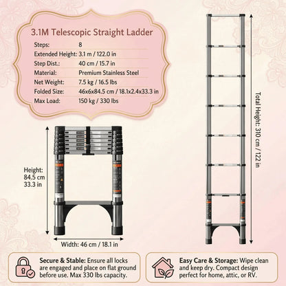 Aluminum Telescopic Extension Ladder, Fast Foldable Design