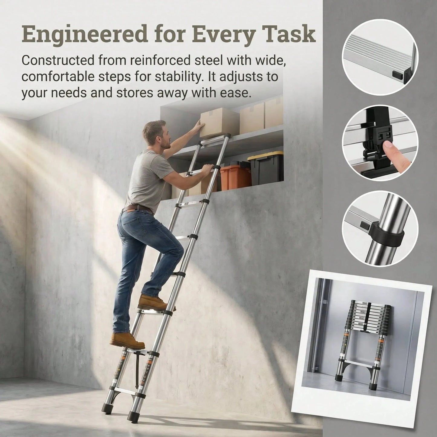 Aluminum Telescopic Extension Ladder, Fast Foldable Design