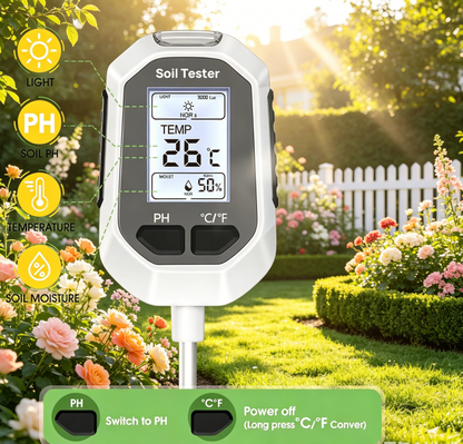 4-in-1 Soil Moisture Meter, Digital Plant Temperature/Soil Moisture Test & PH Meter/Sunlight Intensity, Backlight LCD Display