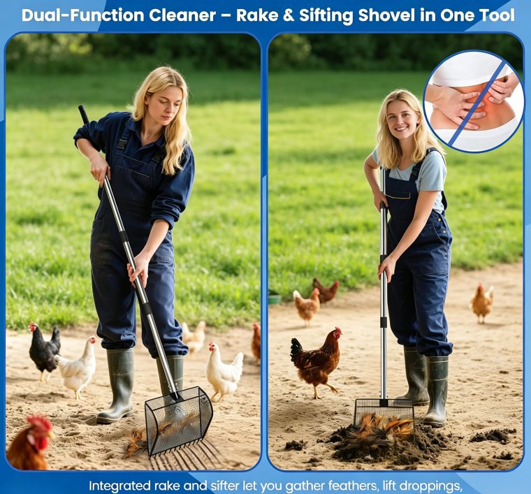 Chicken Poop Scooper for Sand, 2-in-1 Rake & Pooper Scooper with Large Sifting Shovel,  Chicken Coop Litter Scoop & Cleaning Tool