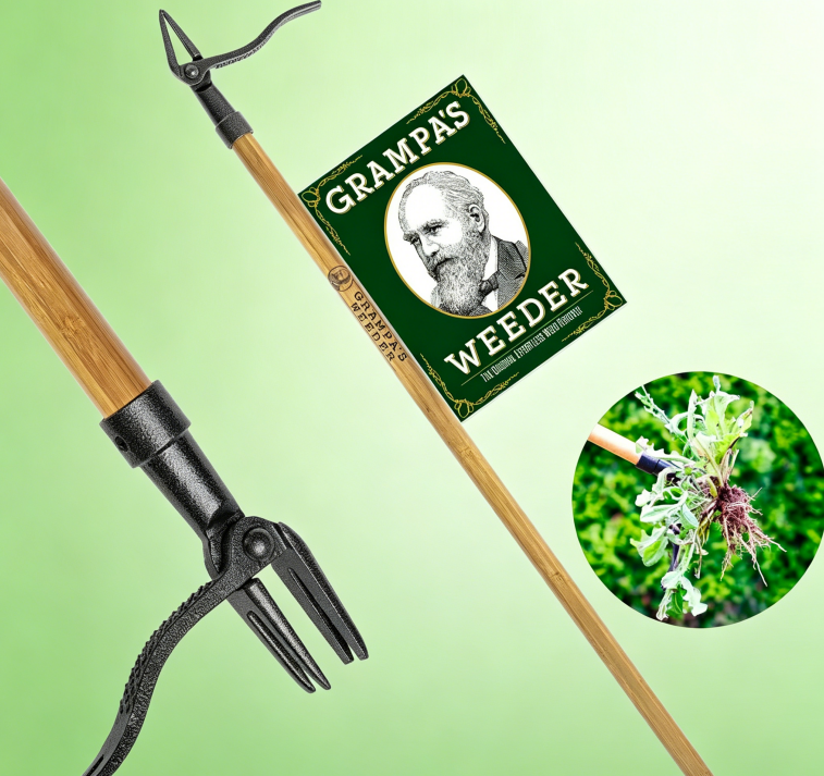 The Original Stand Up Weed Puller Tool with Long Handle - Made with Real Bamboo & 4-Claw Steel Head Design