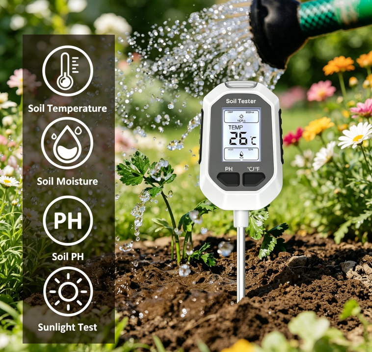 4-in-1 Soil Moisture Meter, Digital Plant Temperature/Soil Moisture Test & PH Meter/Sunlight Intensity, Backlight LCD Display