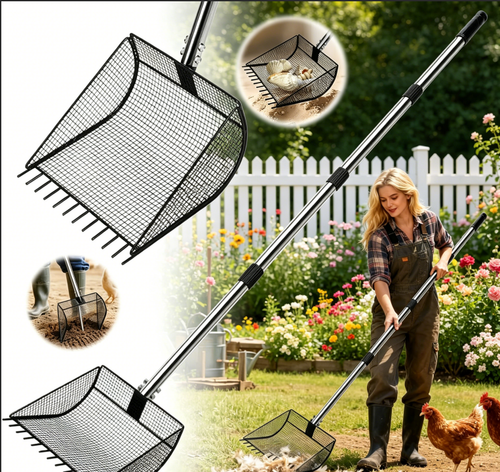 Chicken Poop Scooper for Sand, 2-in-1 Rake & Pooper Scooper with Large Sifting Shovel,  Chicken Coop Litter Scoop & Cleaning Tool