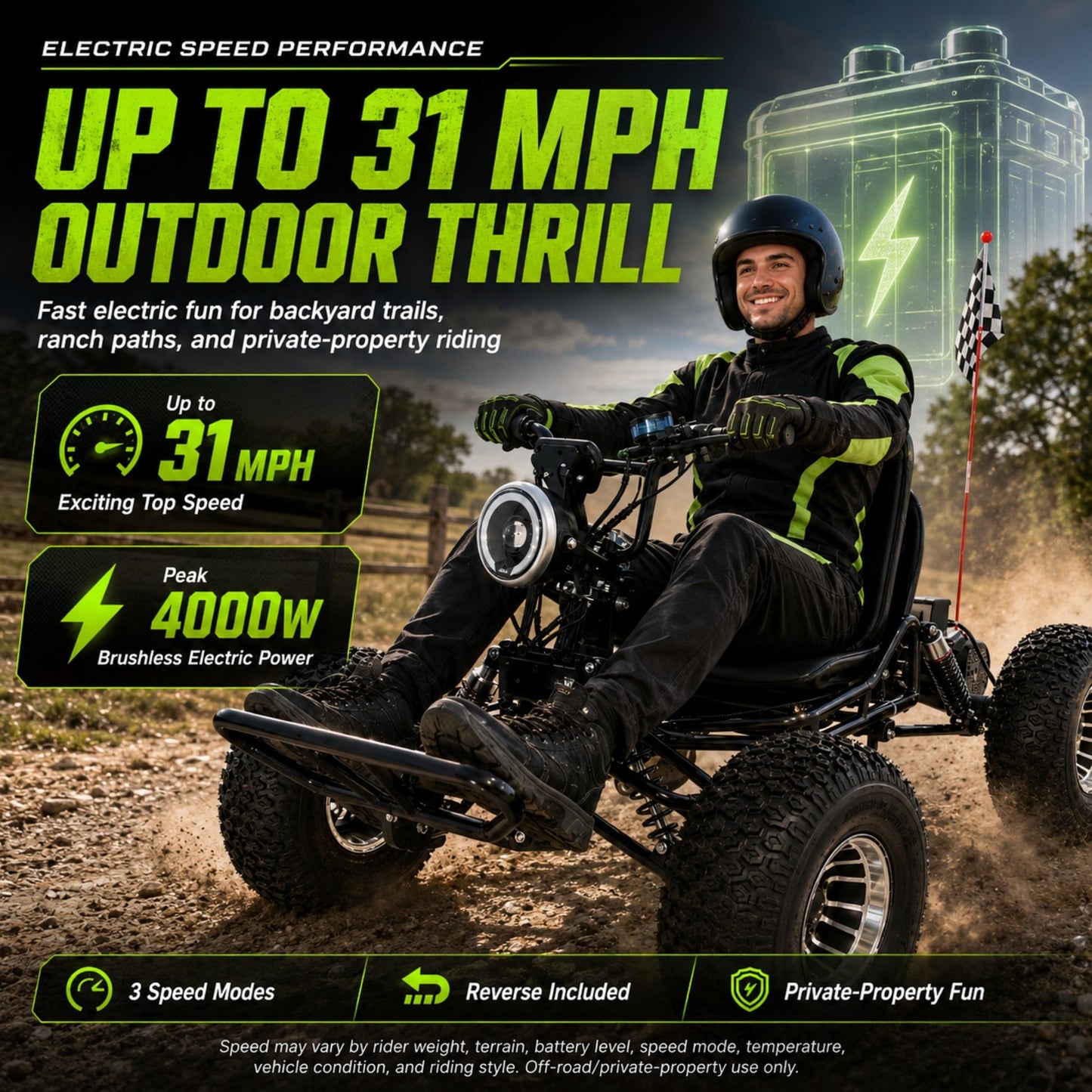 48V 20Ah Electric Off‑Road Go Kart｜Peak 4000W, 31 MPH, 30‑Mile Range, for Teens & Adults