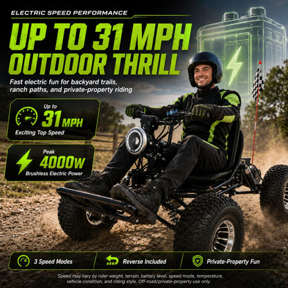 48V 20Ah Electric Off‑Road Go Kart｜Peak 4000W, 31 MPH, 30‑Mile Range, for Teens & Adults