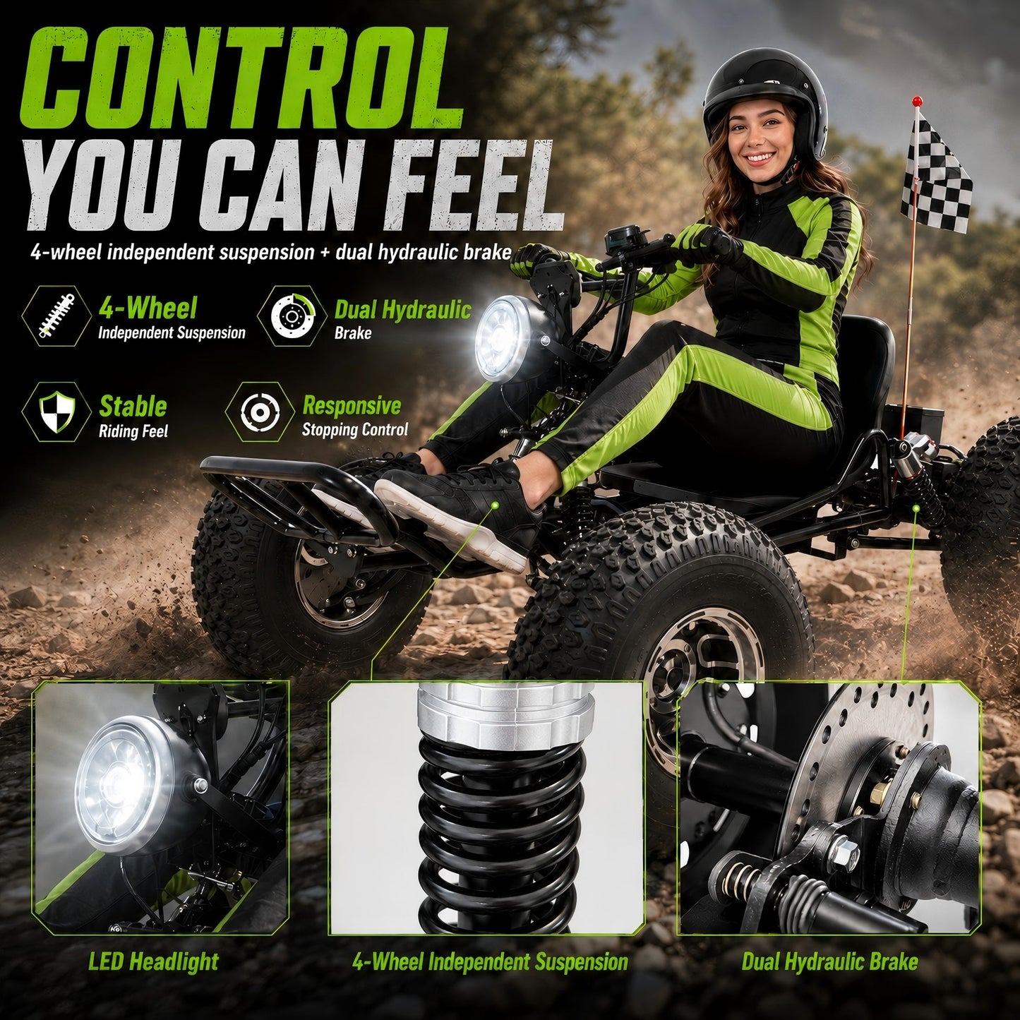 48V 20Ah Electric Off‑Road Go Kart｜Peak 4000W, 31 MPH, 30‑Mile Range, for Teens & Adults