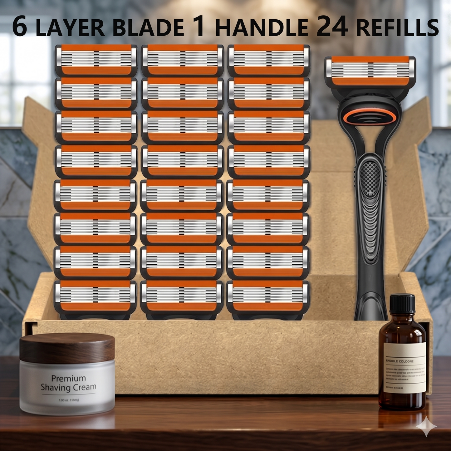Men's 6-Blade Shaving Razor Kit, Non-Slip Handle with 24/48 Refill Razor Cartridges
